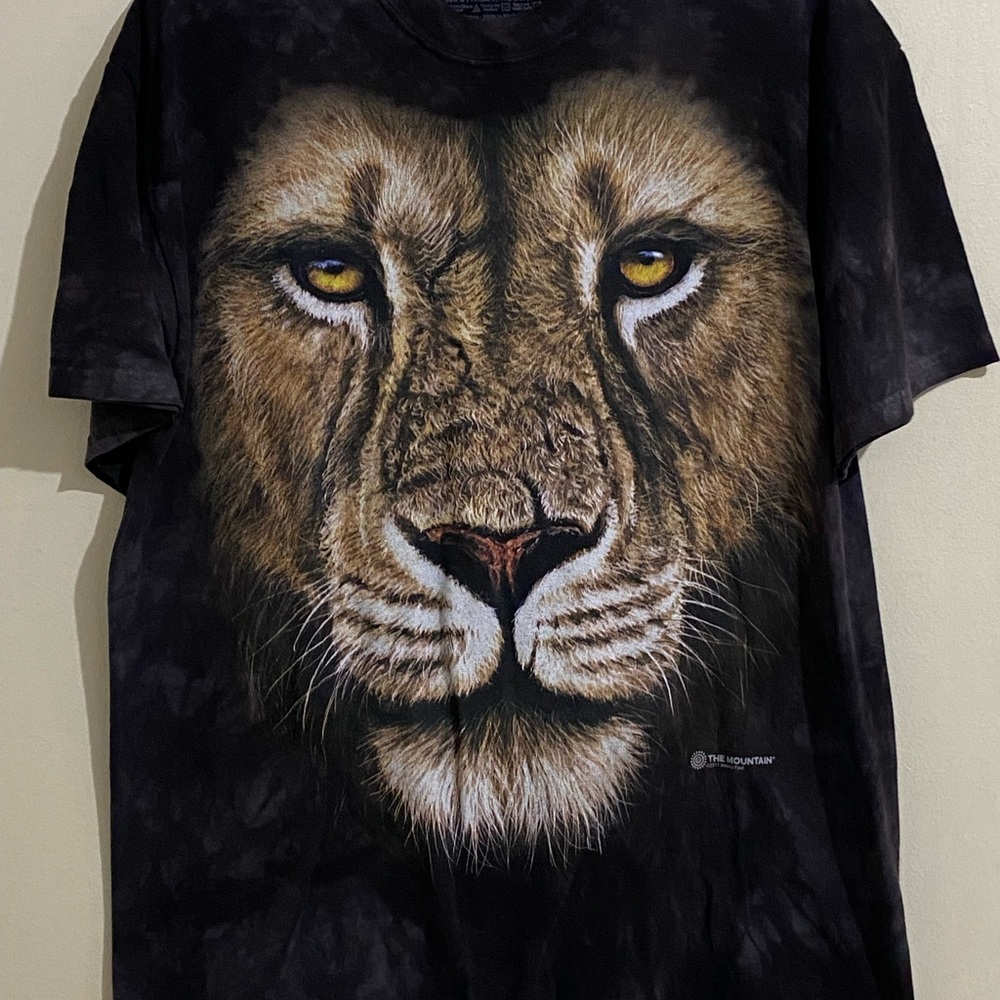 The Mountains Mens Lion Graphic Brown Tie-Dye Y2K Size L Short Sleeve